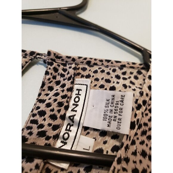 Nora Noh Women Sz L Blouse Leopard Print Short Sleeve 100% Silk Brown Round Neck - Picture 5 of 5